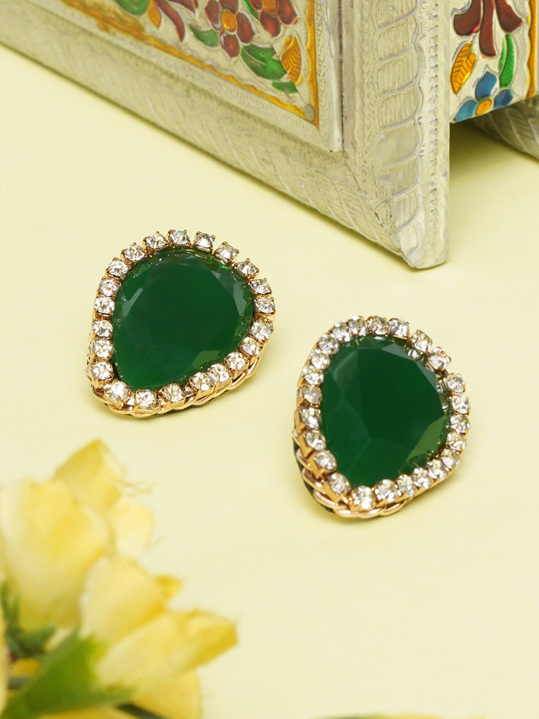 

Awadhi Green Teardrop Shaped Studs Earrings