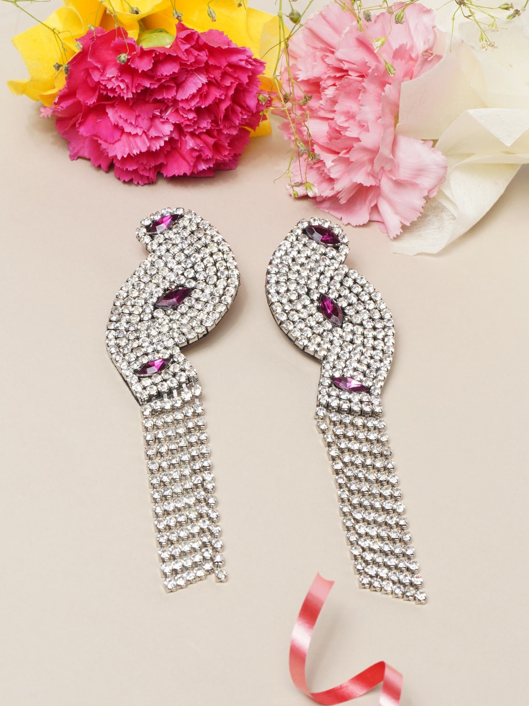 

Awadhi Purple & Silver-Plated Peacock Shaped Artificial Stones Drop Earrings