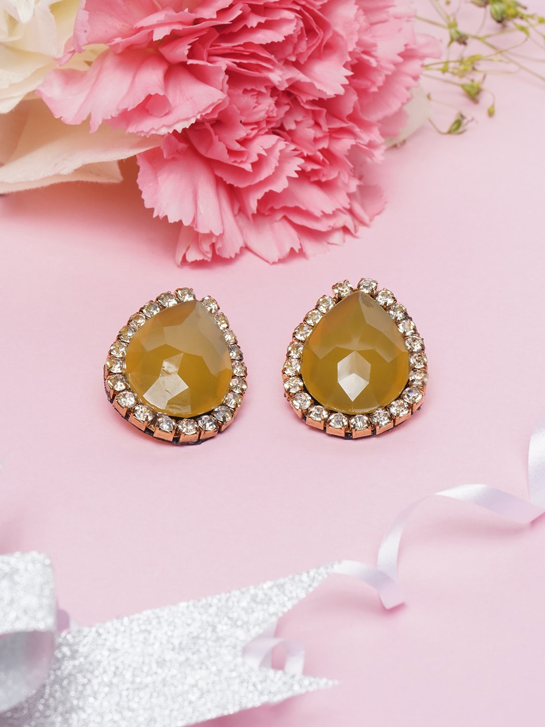

Awadhi Gold-Plated Yellow & White Teardrop Shaped Studs Earrings