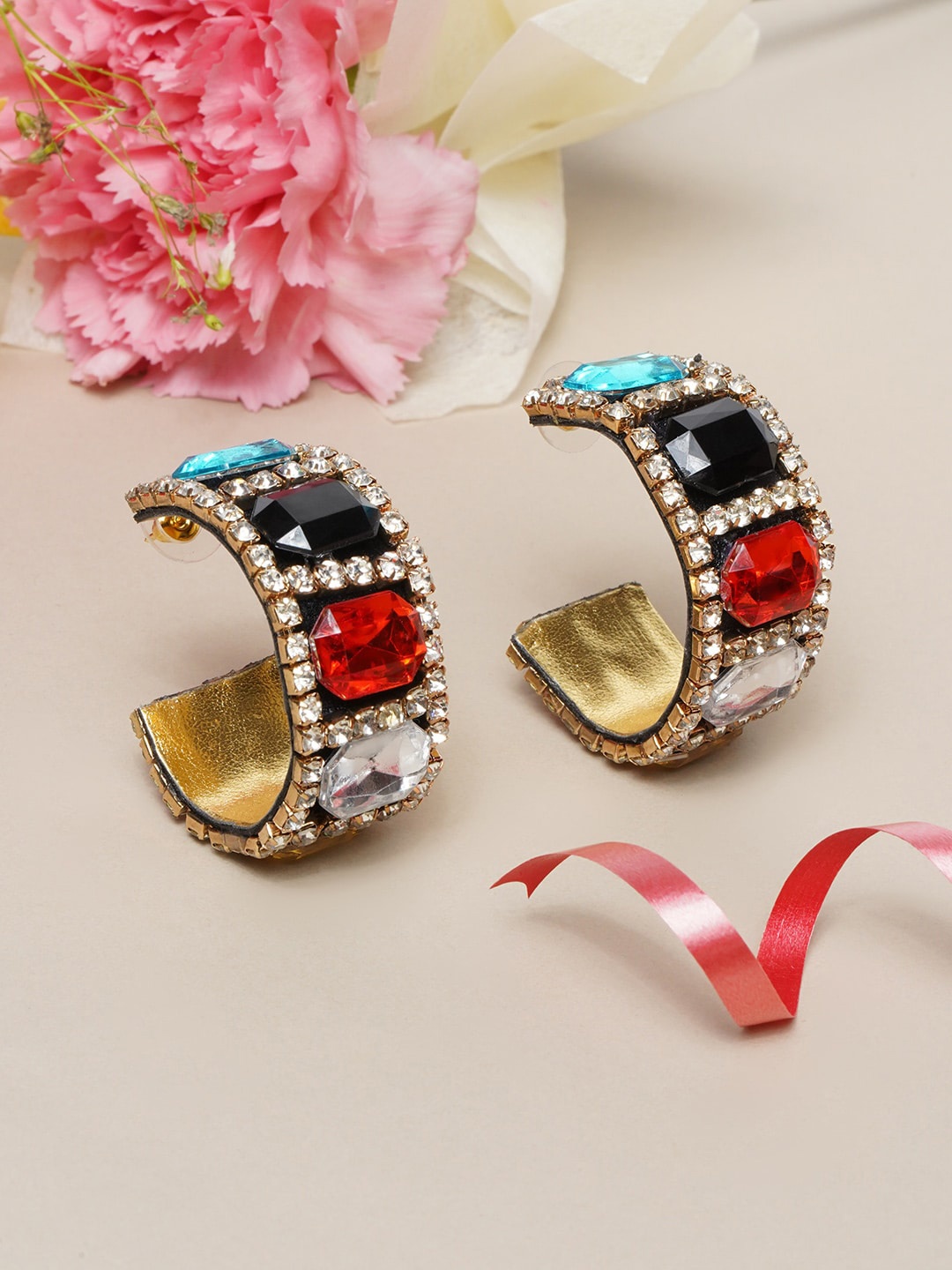 

Awadhi Gold-Plated Red Circular Half Hoop Earrings