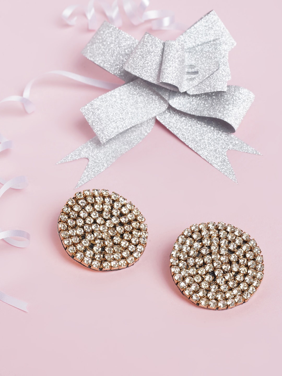 

Awadhi Transparent Rose Gold-Plated Handcrafted Circular Studs Earrings, Silver