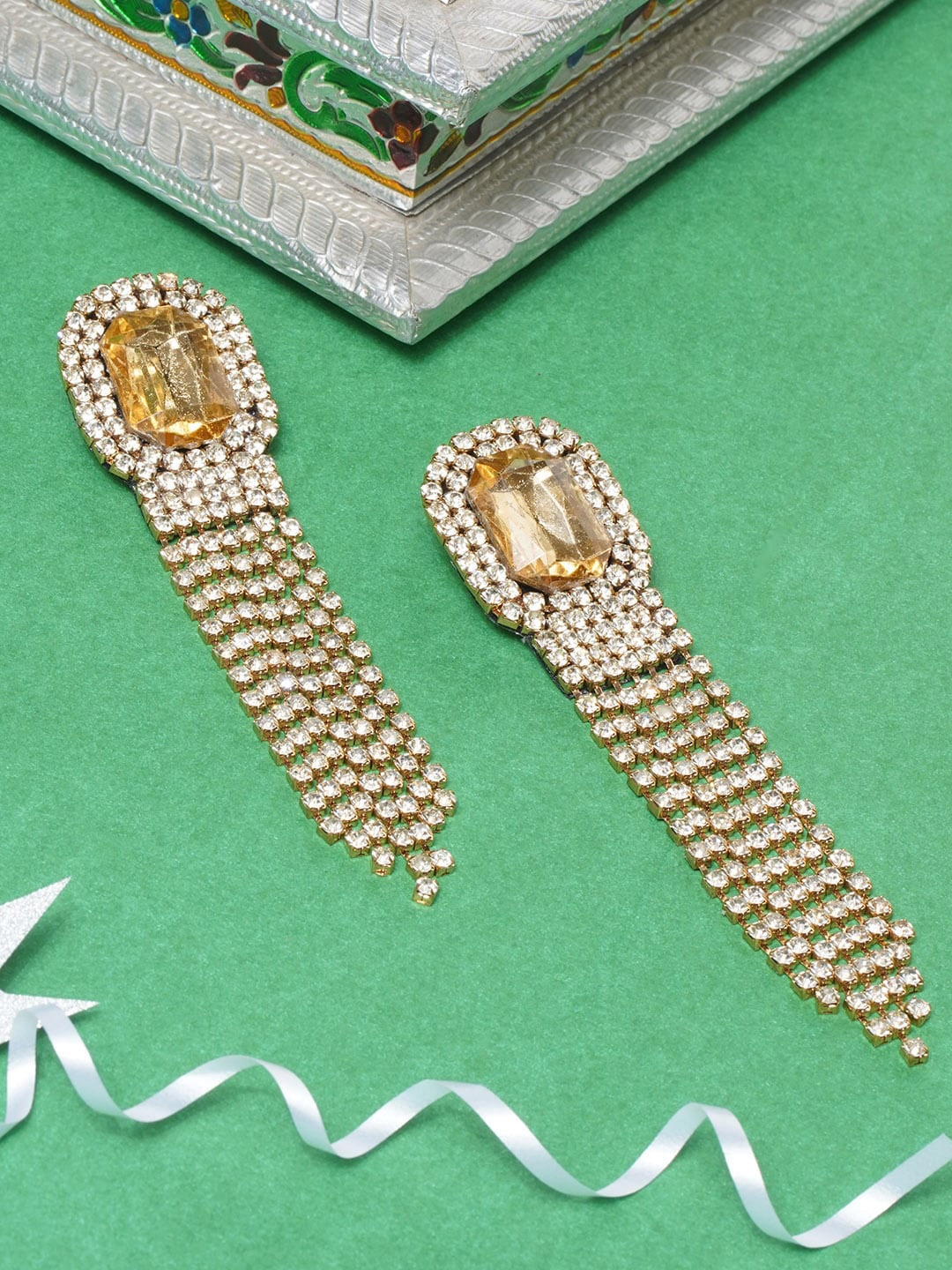 

Awadhi Yellow Stones-Studded Gold-Plated Contemporary Drop Earrings