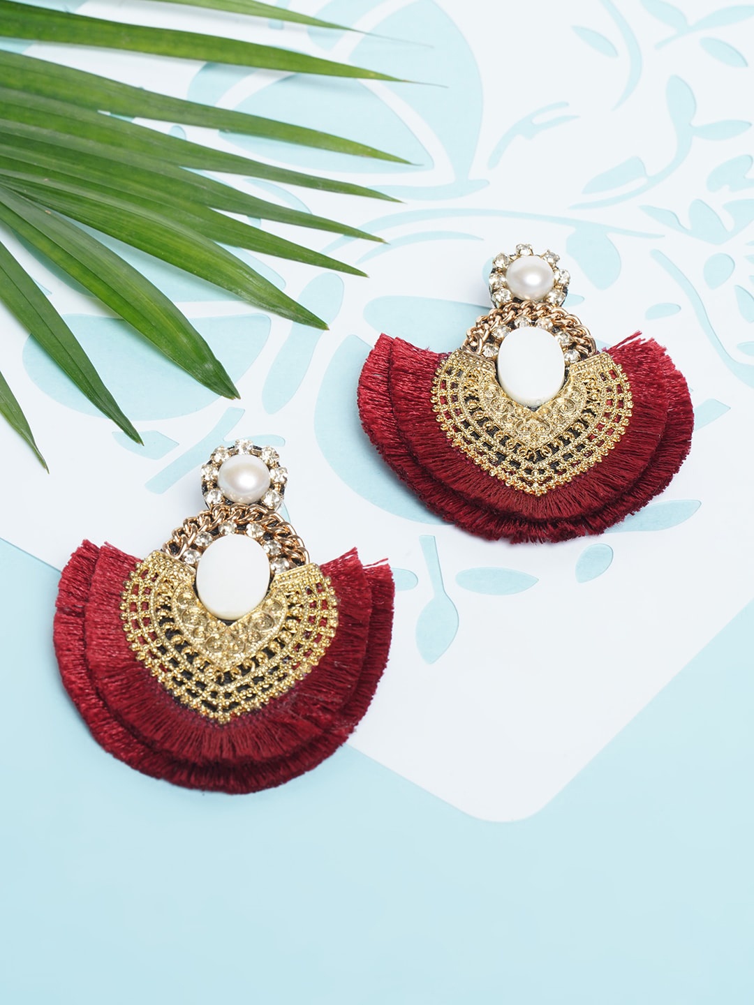 

Awadhi Gold-Plated Red & White Tasselled Crescent Shaped Drop Earrings