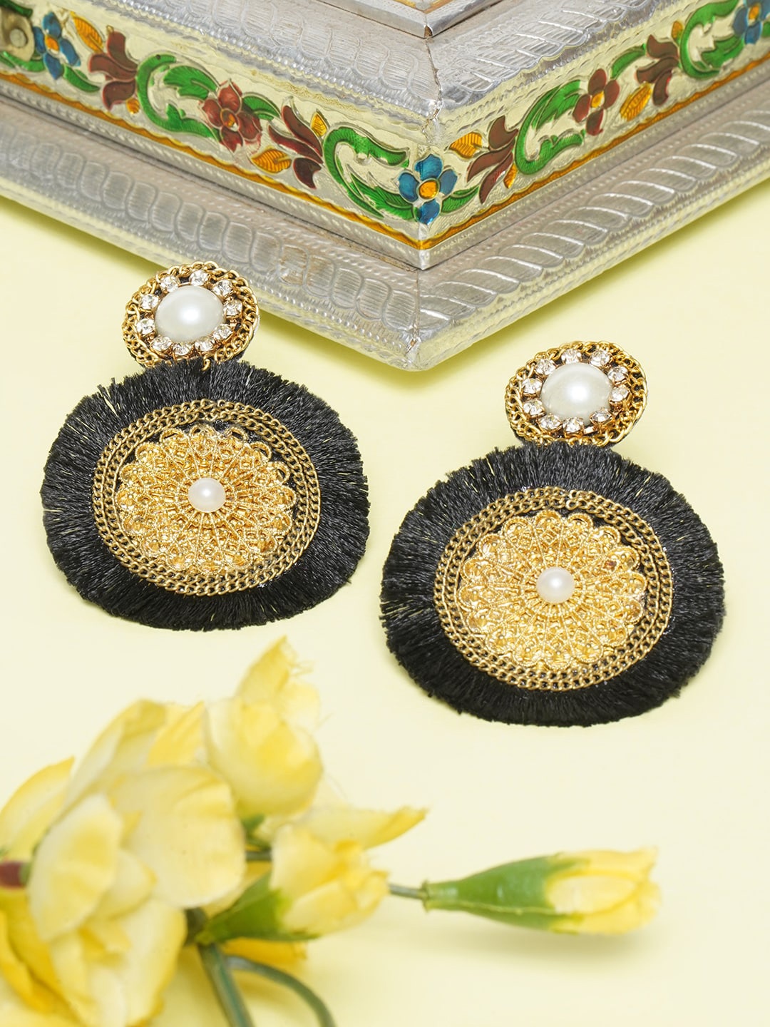 

Awadhi Women Black Gold Plated Circular Drop Earrings