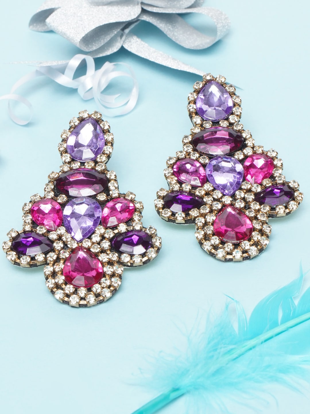 

Awadhi Purple & Magenta Gold-Plated Geometric Shaped Handcrafted Drop Earrings