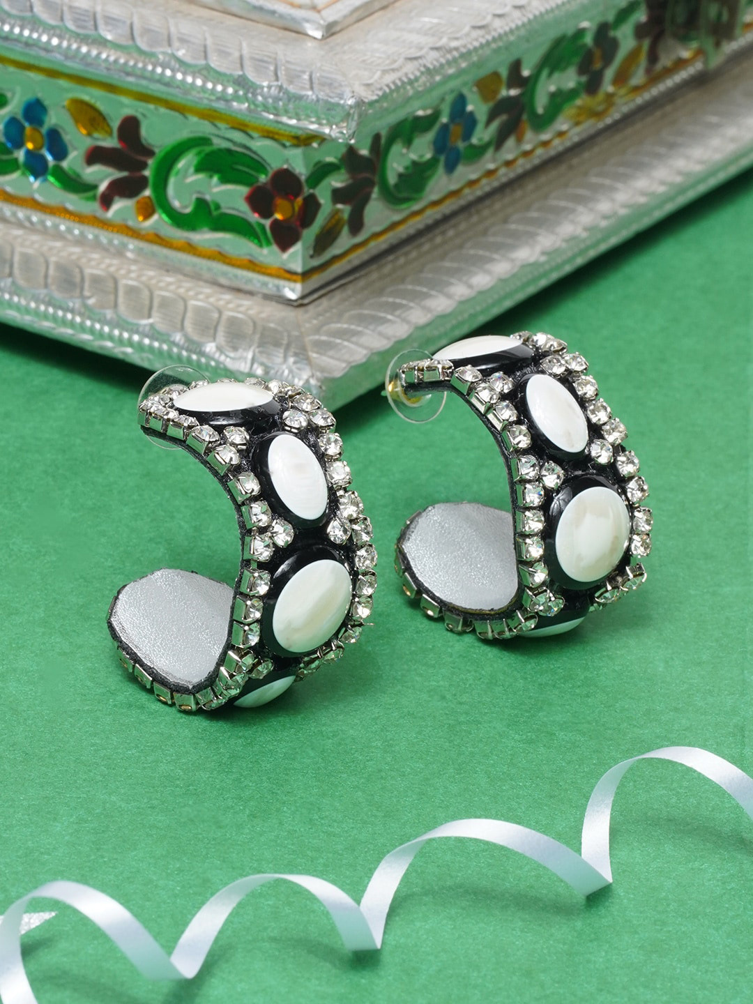 

Awadhi White & Black Circular Half Hoop Earrings