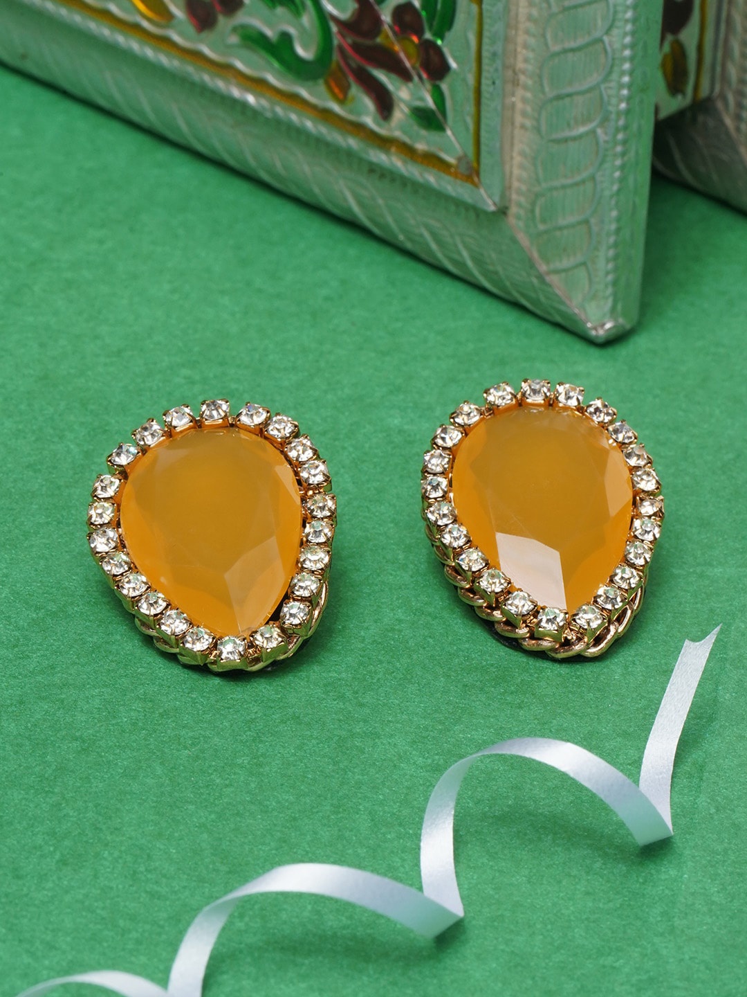

Awadhi Yellow & Gold-plated Teardrop Shaped Studs Earrings