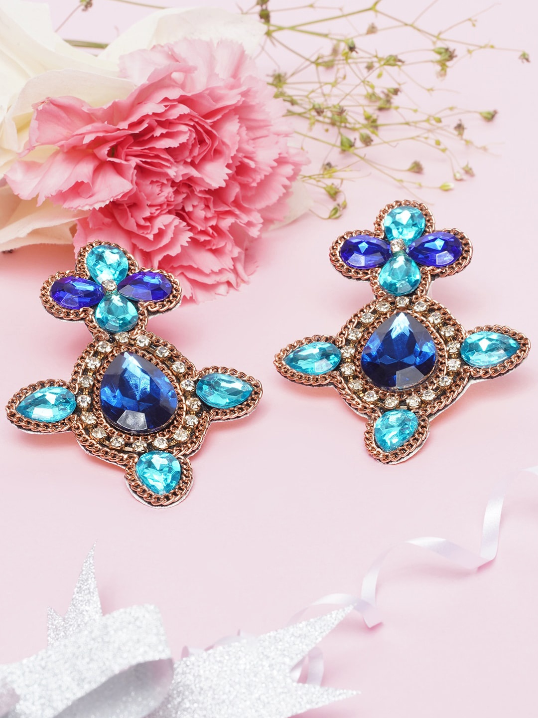 

Awadhi Navy Blue & Rose Gold Plated Geometric Drop Earrings