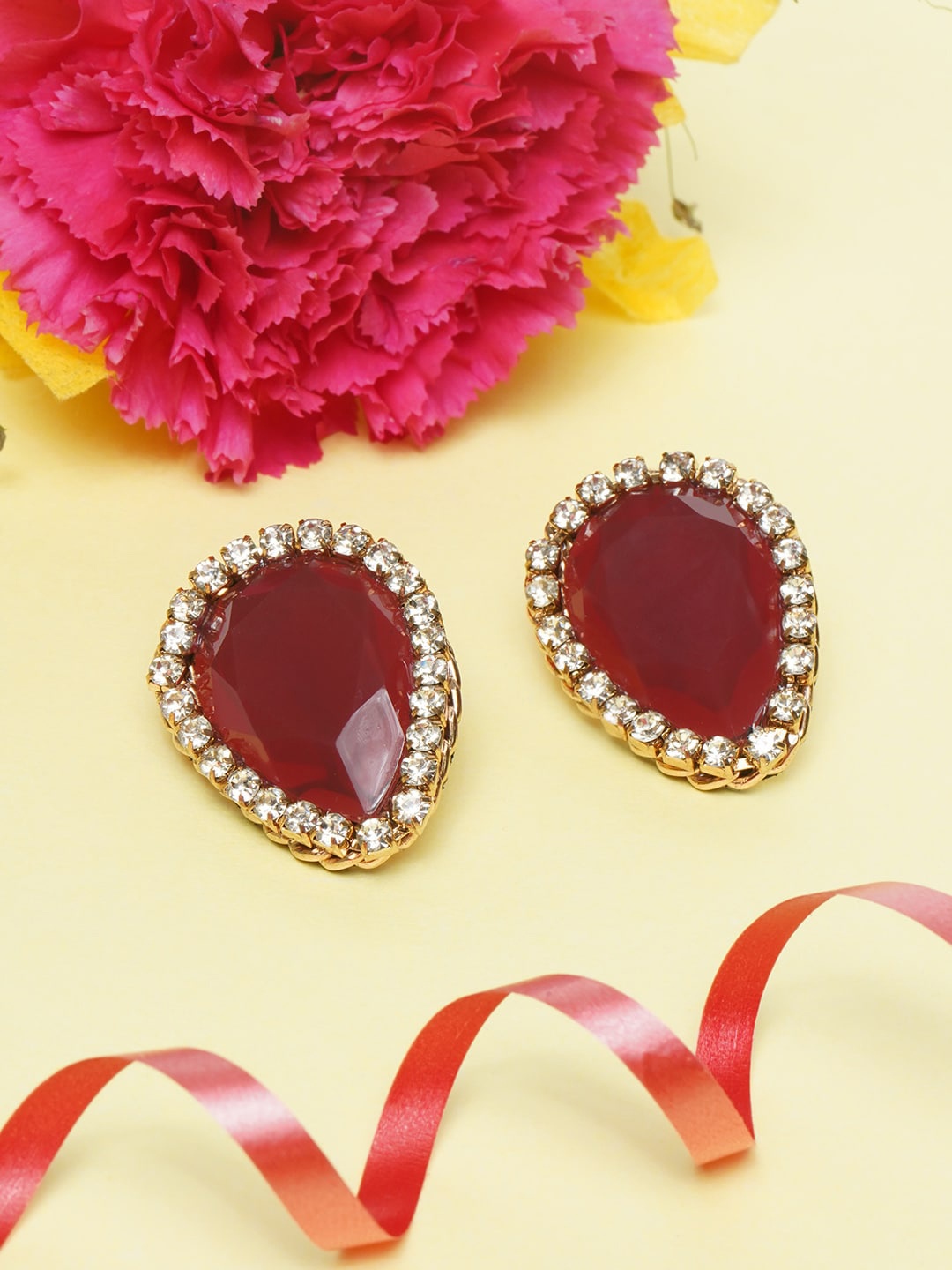 

Awadhi Red Stones-Studded Gold-Plated Teardrop Shaped Studs Earrings