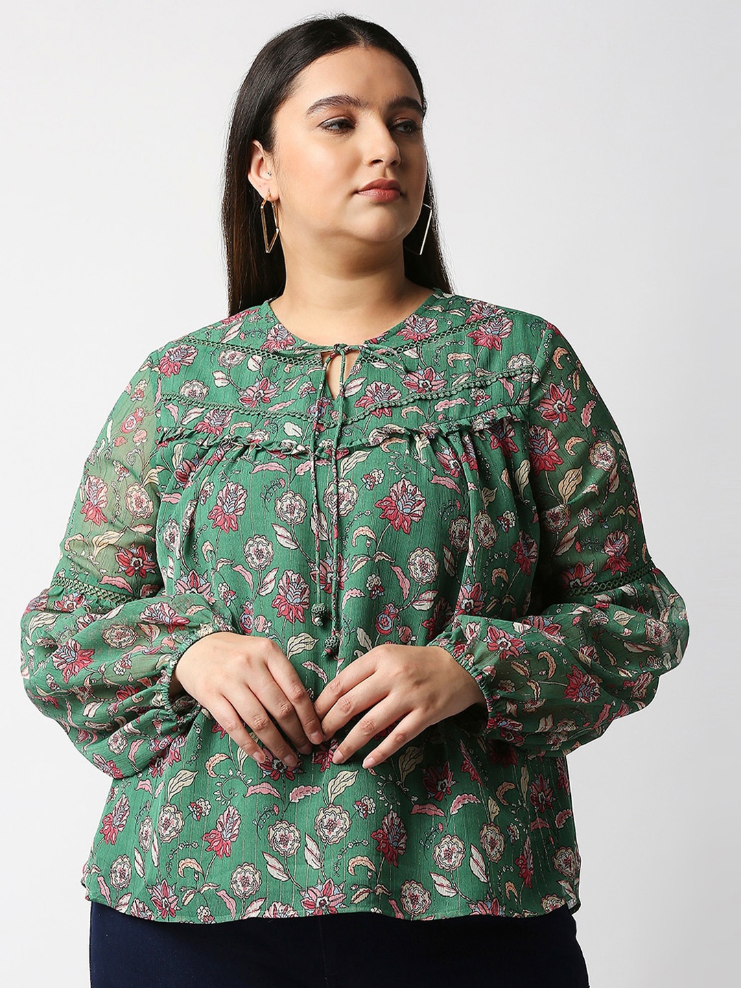 

20Dresses Green & Pink Floral Print Tie-Up Neck Ruffles Chiffon Top