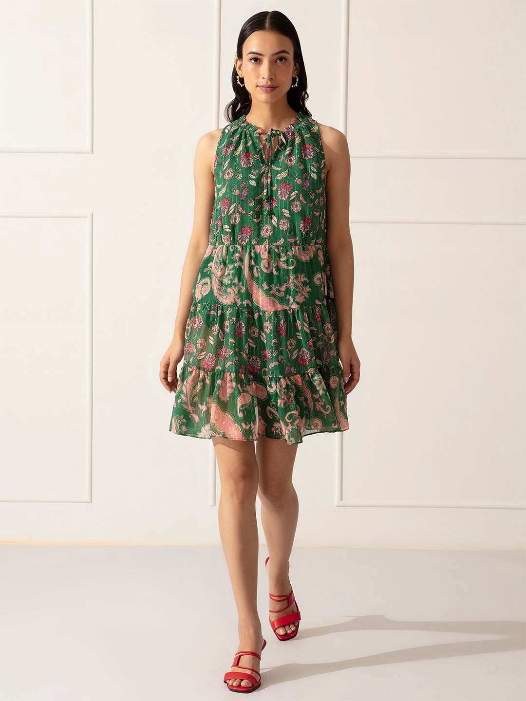 

20Dresses Green & Pink Ethnic Motifs Tie-Up Neck Chiffon A-Line Dress