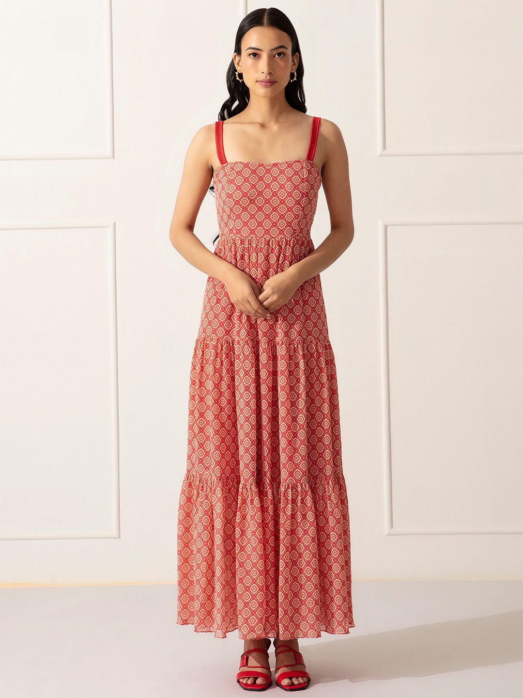 

20Dresses Red Ethnic Motifs Chiffon Maxi Dress