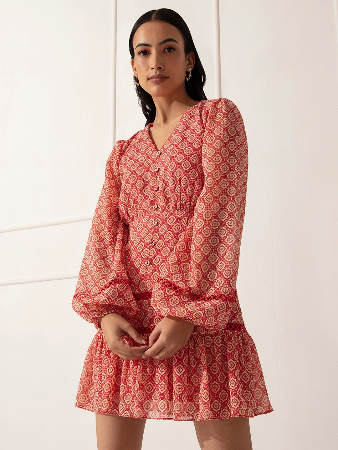 

20Dresses Red & Beige Ethnic Motifs Chiffon A-Line Dress