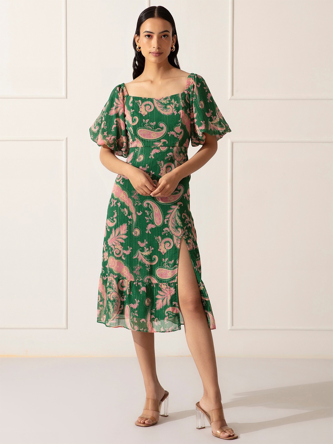 

20Dresses Green and Peach Tropical Chiffon A-Line Midi Dress