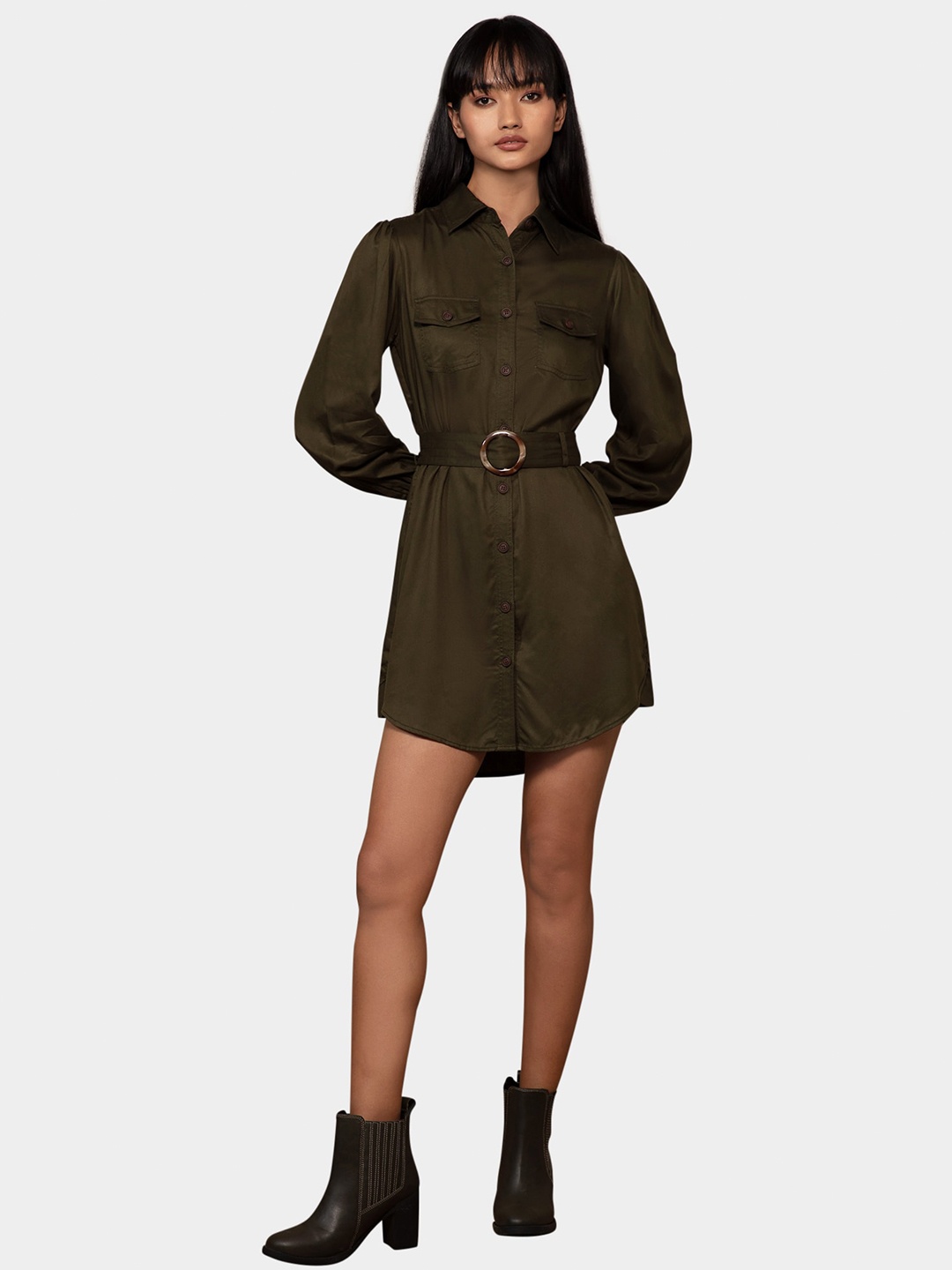

20Dresses Olive Green Solid Twill Cotton Shirt Mini Dress