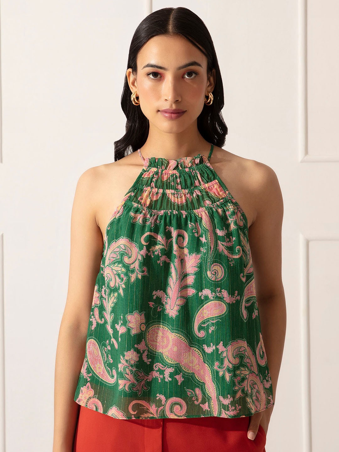 

20Dresses Green & Pink Print Halter Neck Chiffon Top
