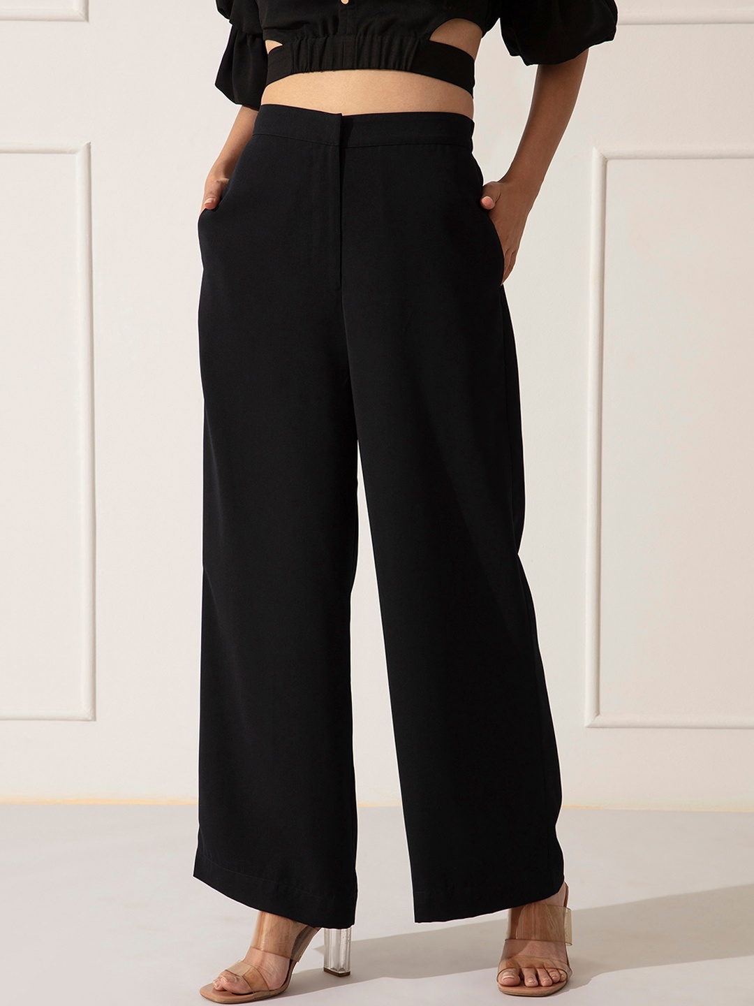 

20Dresses Women Black Solid Flared High-Rise Parallel Trousers