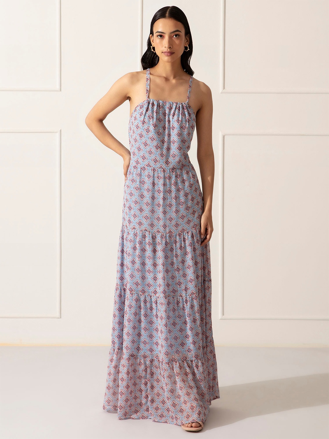 

20Dresses Blue & Red Ethnic Motifs Chiffon Tiered Maxi Dress