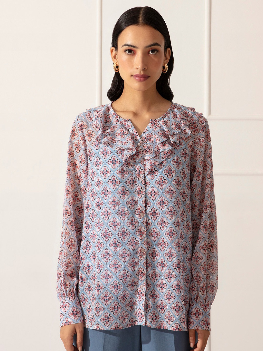 

20Dresses Blue Print Chiffon Shirt Style Top