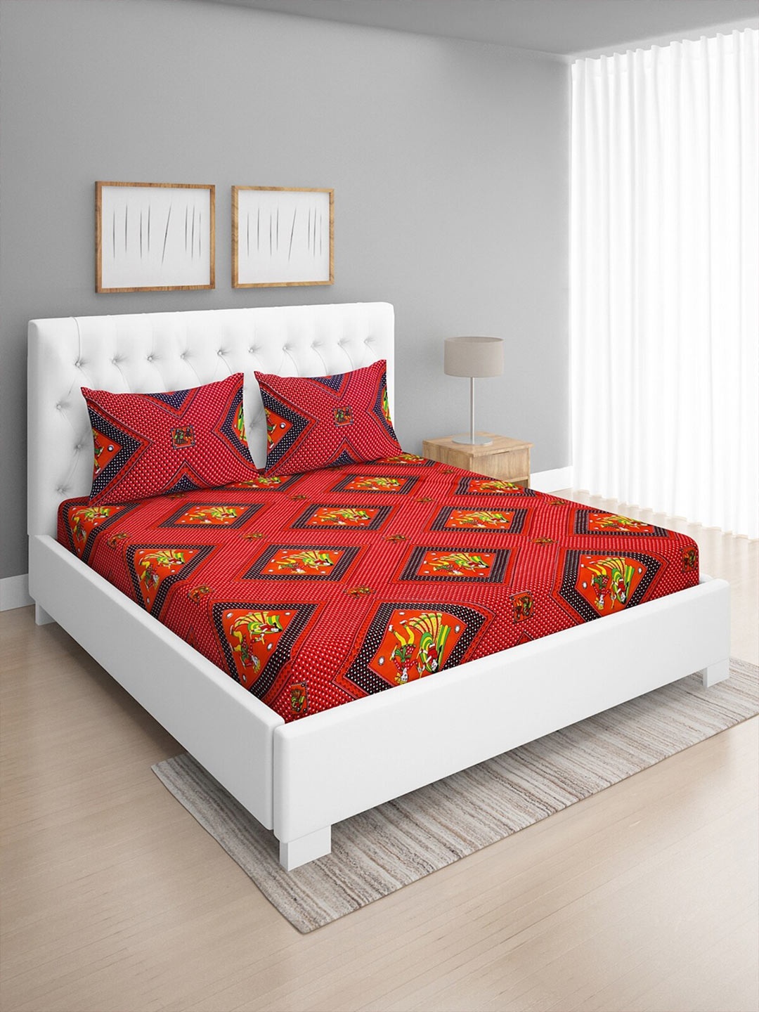 

ROMEE Red & Blue Ethnic Motifs 144 TC Queen Bedsheet with 2 Pillow Covers