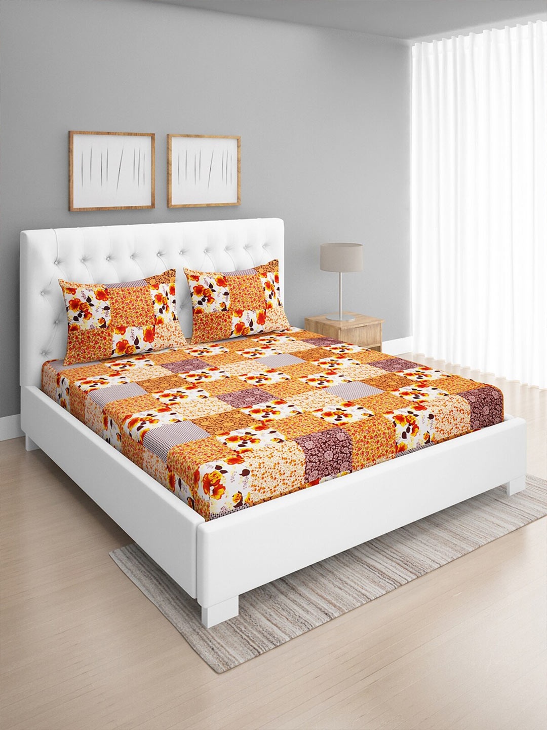 

ROMEE Beige & Orange Floral 144 TC Microfiber Queen Bedsheet with 2 Pillow Covers