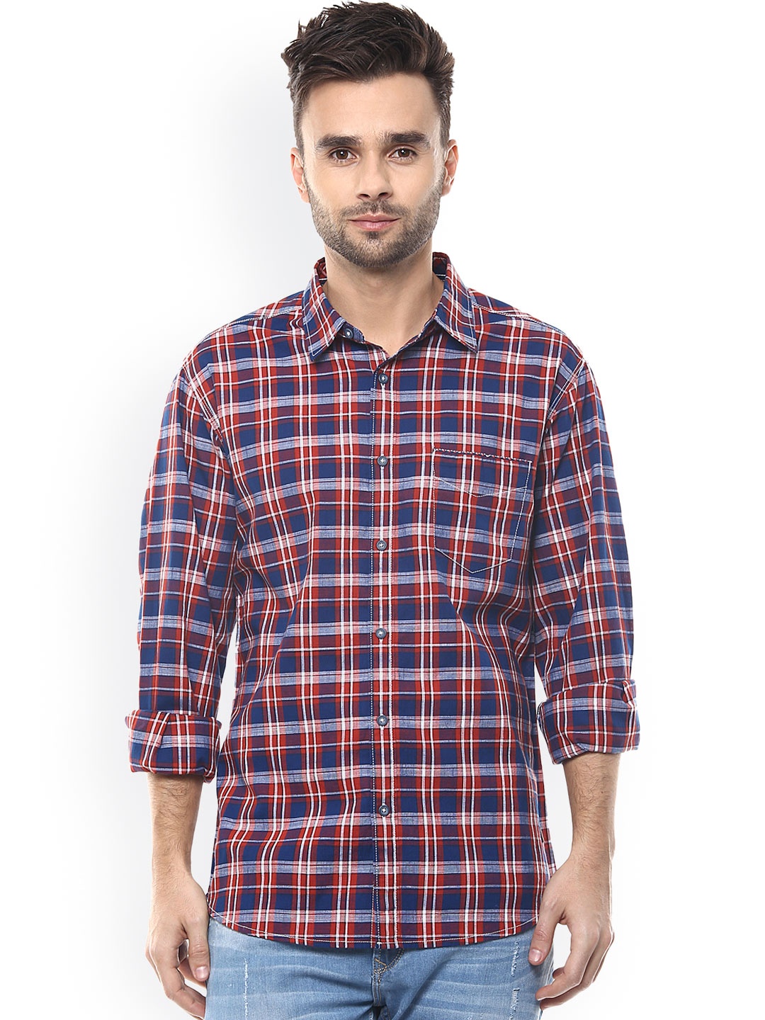 

SPYKAR Men Red & Blue Slim Fit Checked Casual Shirt