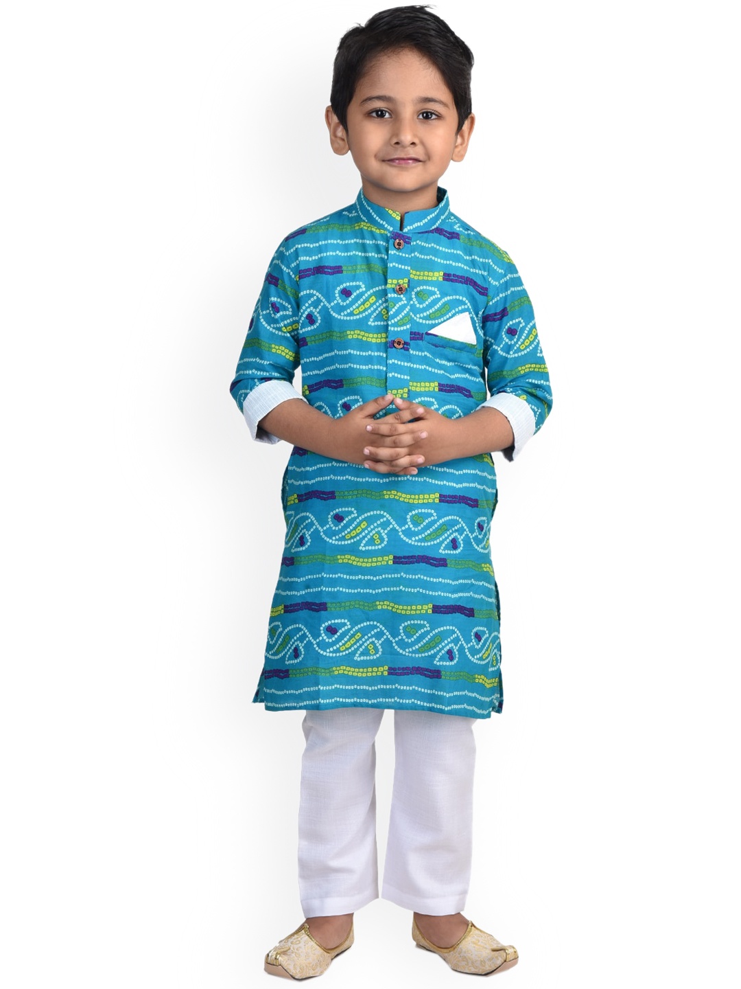 

Kinder Kids Boys Blue Floral Printed Pure Cotton Kurti with Pyjamas