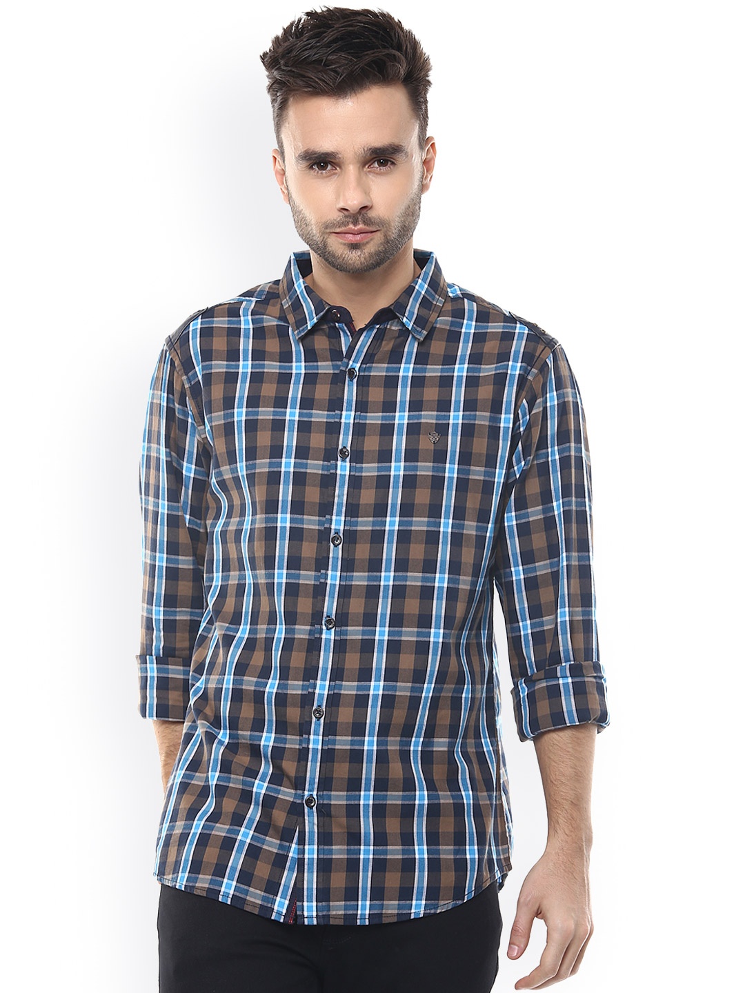 

SPYKAR Men Khaki & Blue Slim Fit Checked Casual Shirt