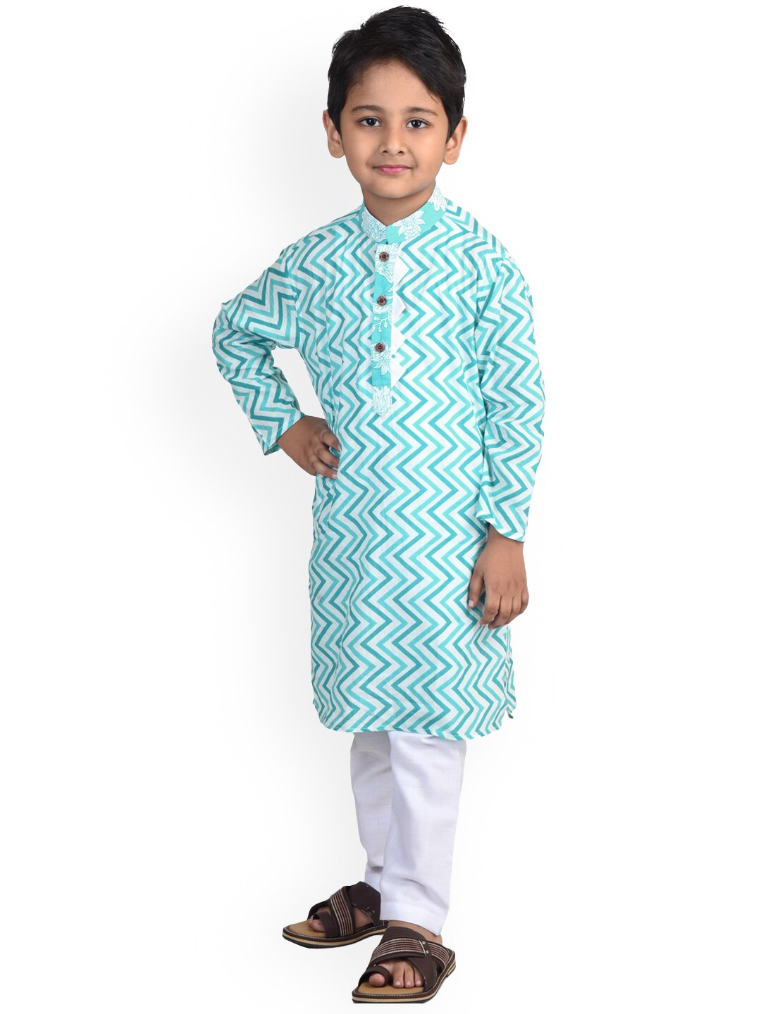 

Kinder Kids Boys Blue Printed Pure Cotton Kurta with Pyjamas