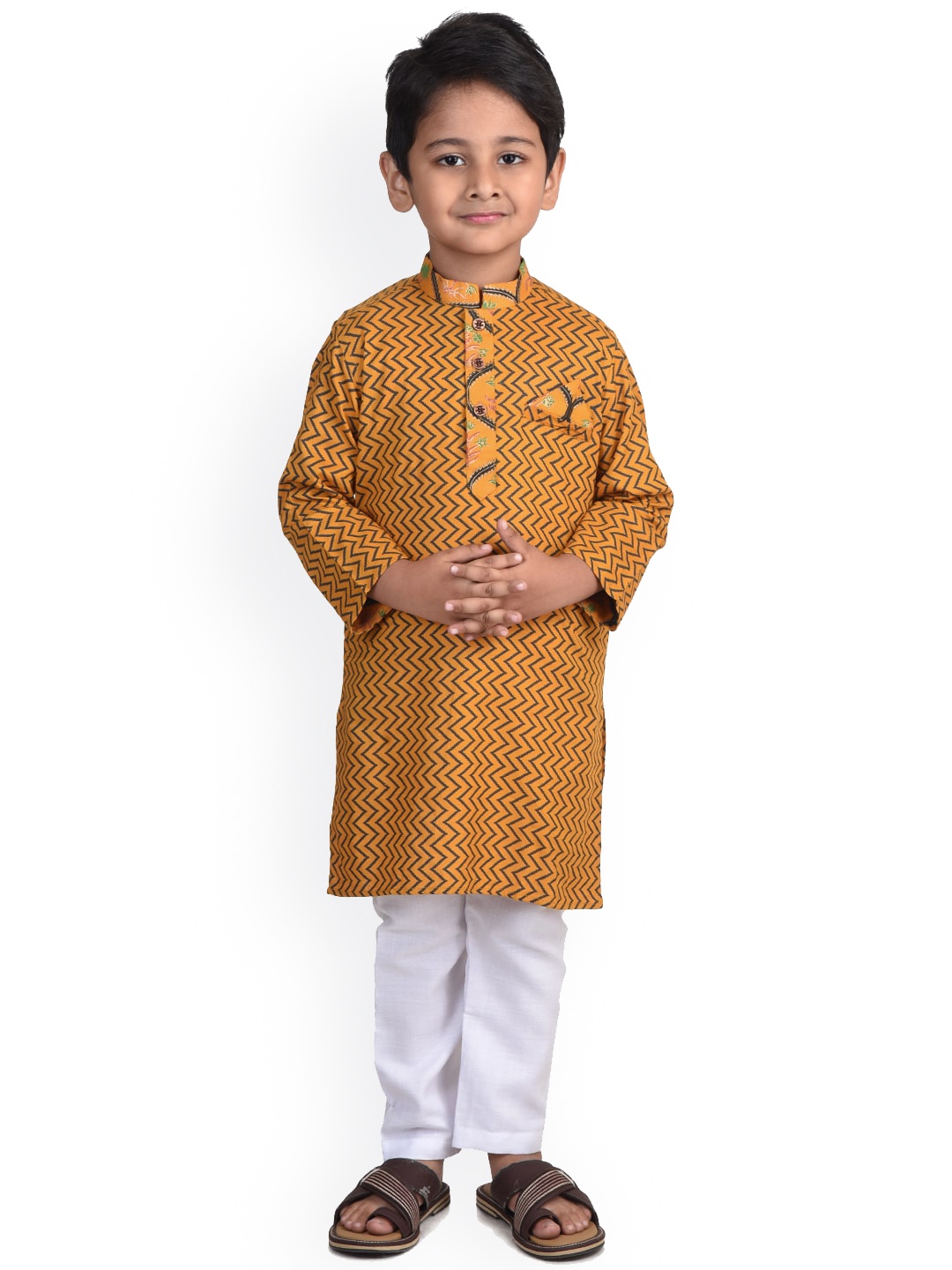 

Kinder Kids Boys Yellow Pure Cotton Kurti with Pyjamas