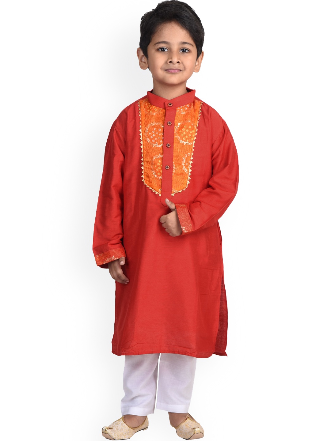 

Kinder Kids Boys Red Yoke Design Layered Dupion Silk Kurta with Pyjamas