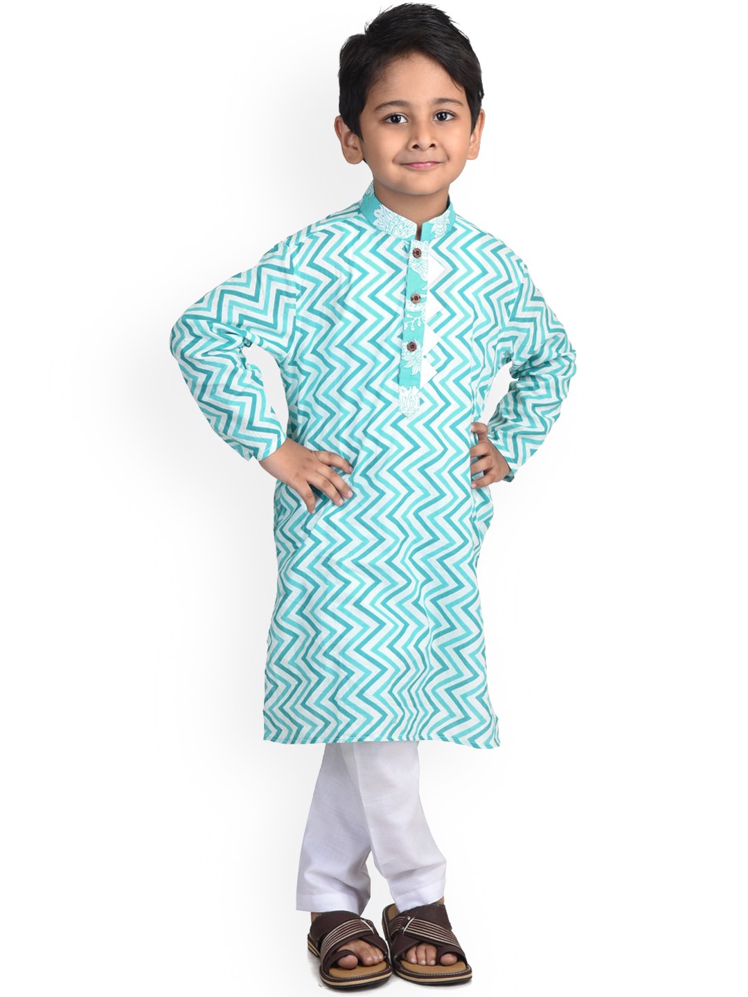 

Kinder Kids Boys Blue Printed Pure Cotton Kurta with Pyjamas