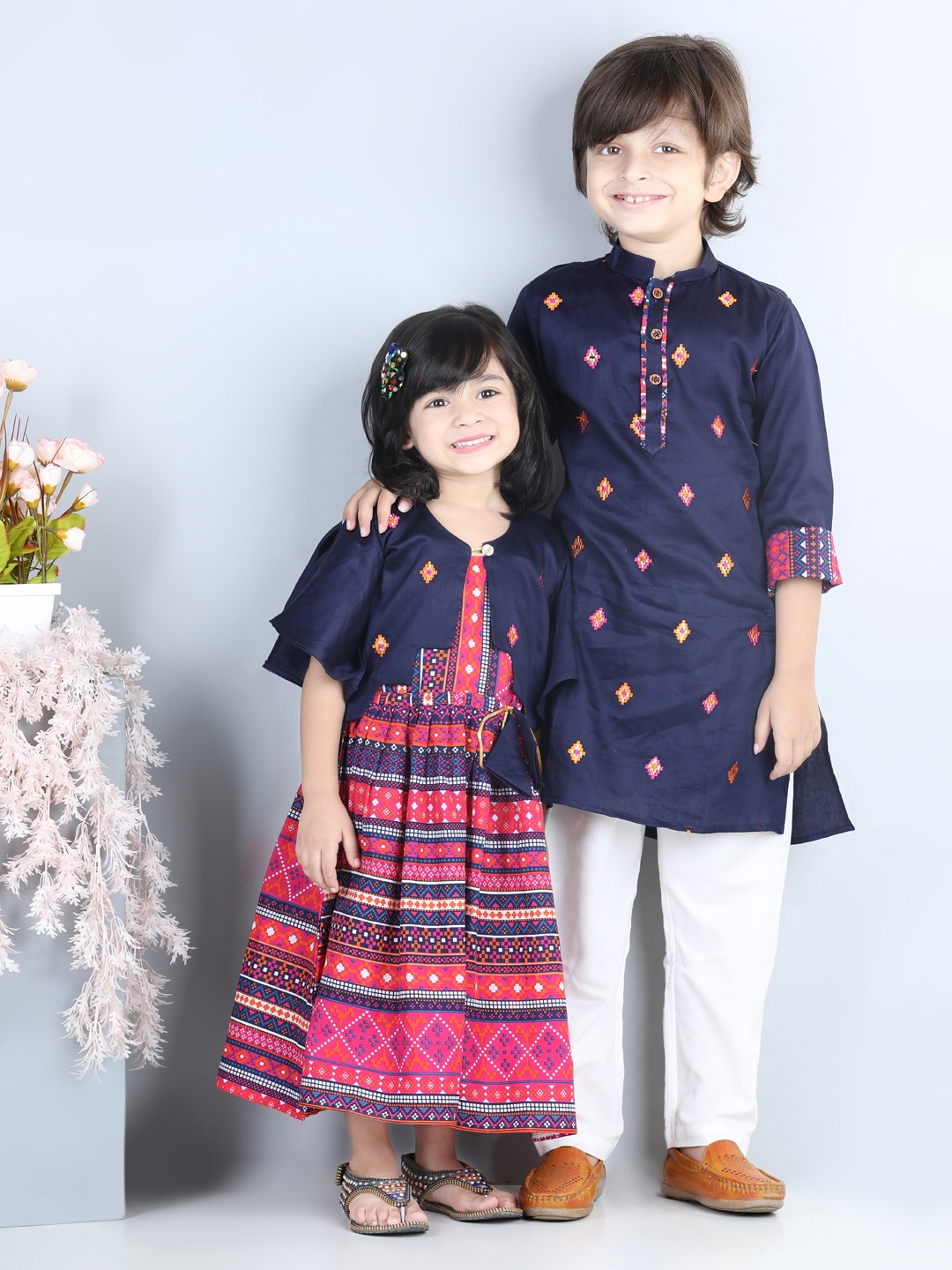 

Here&Now X Kinder Kids Boys Blue Floral Embroidered Pure Cotton Kurti with Pyjamas