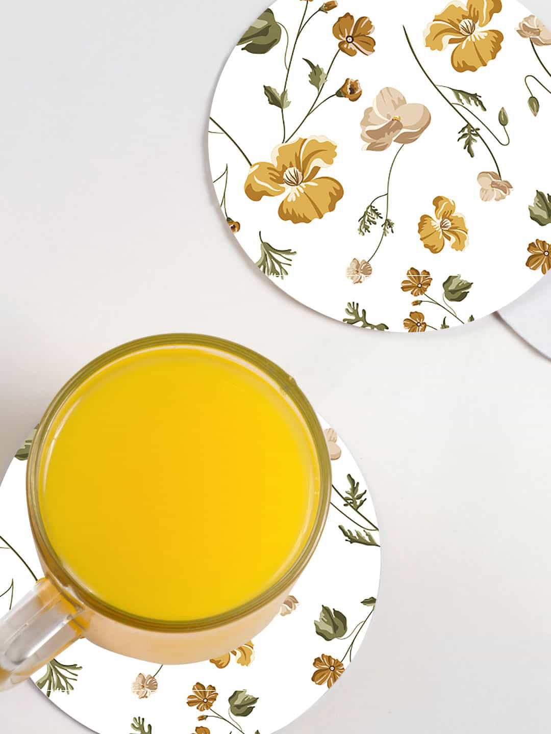 

macmerise Set of 6 Floral Printed Circular Coasters, White