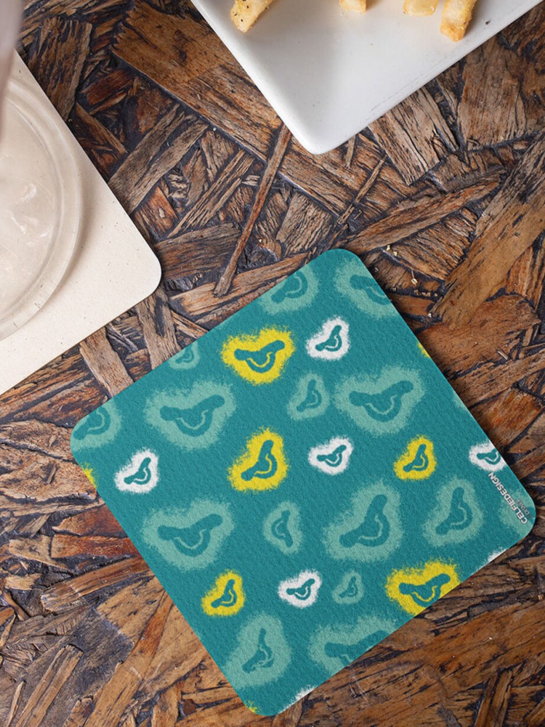 

macmerise Set of 6 Simba Pattern Printed Coasters, Turquoise blue