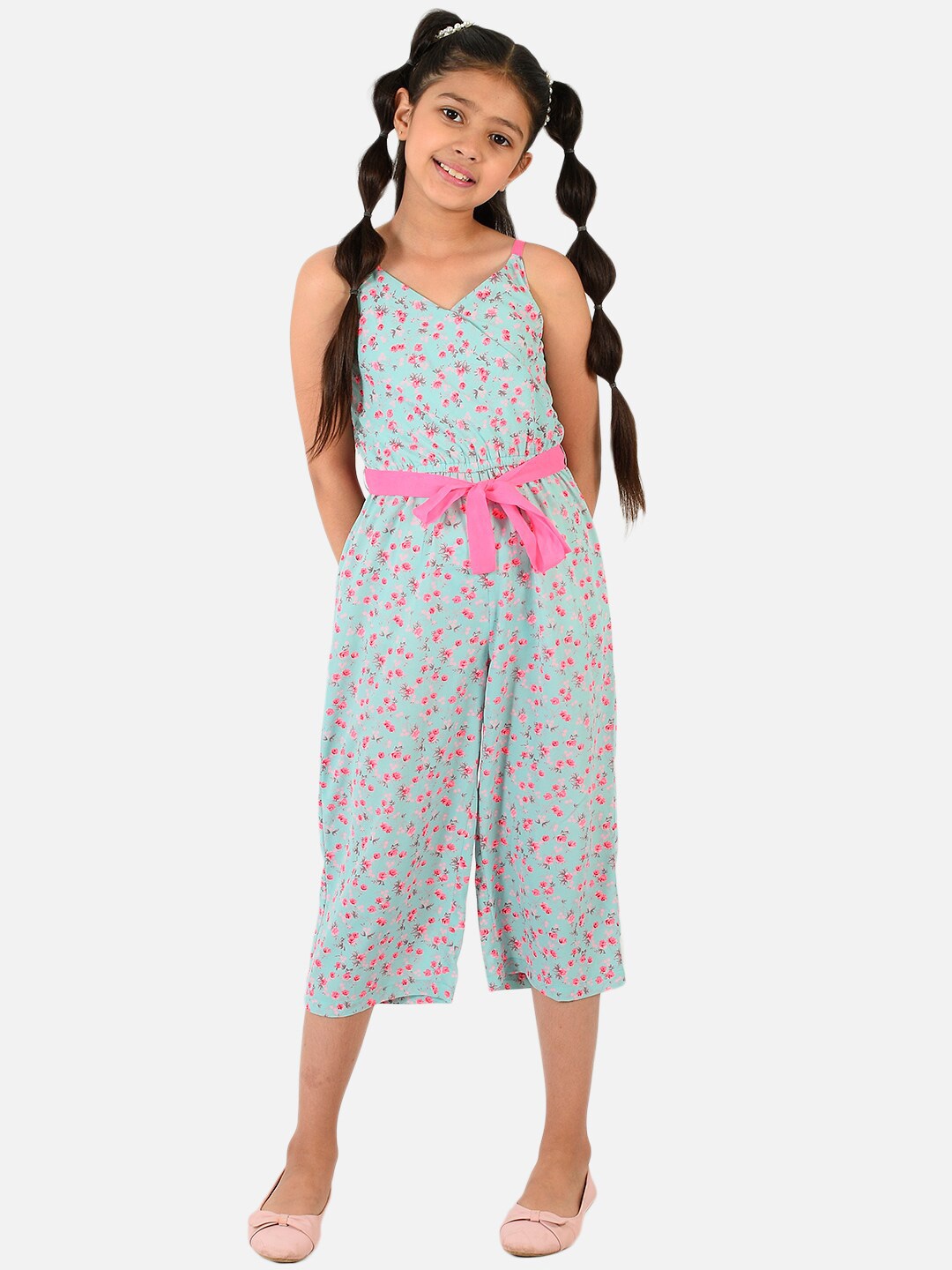 

Natilene Girls Turquoise Blue & Pink Printed Culotte Jumpsuit