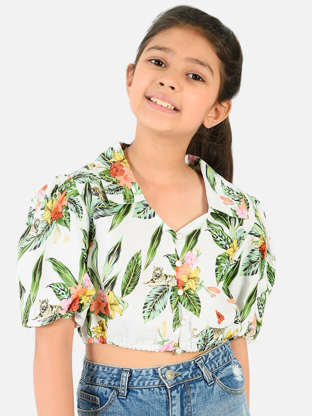 

Natilene White & Green Tropical Print Blouson Crop Top
