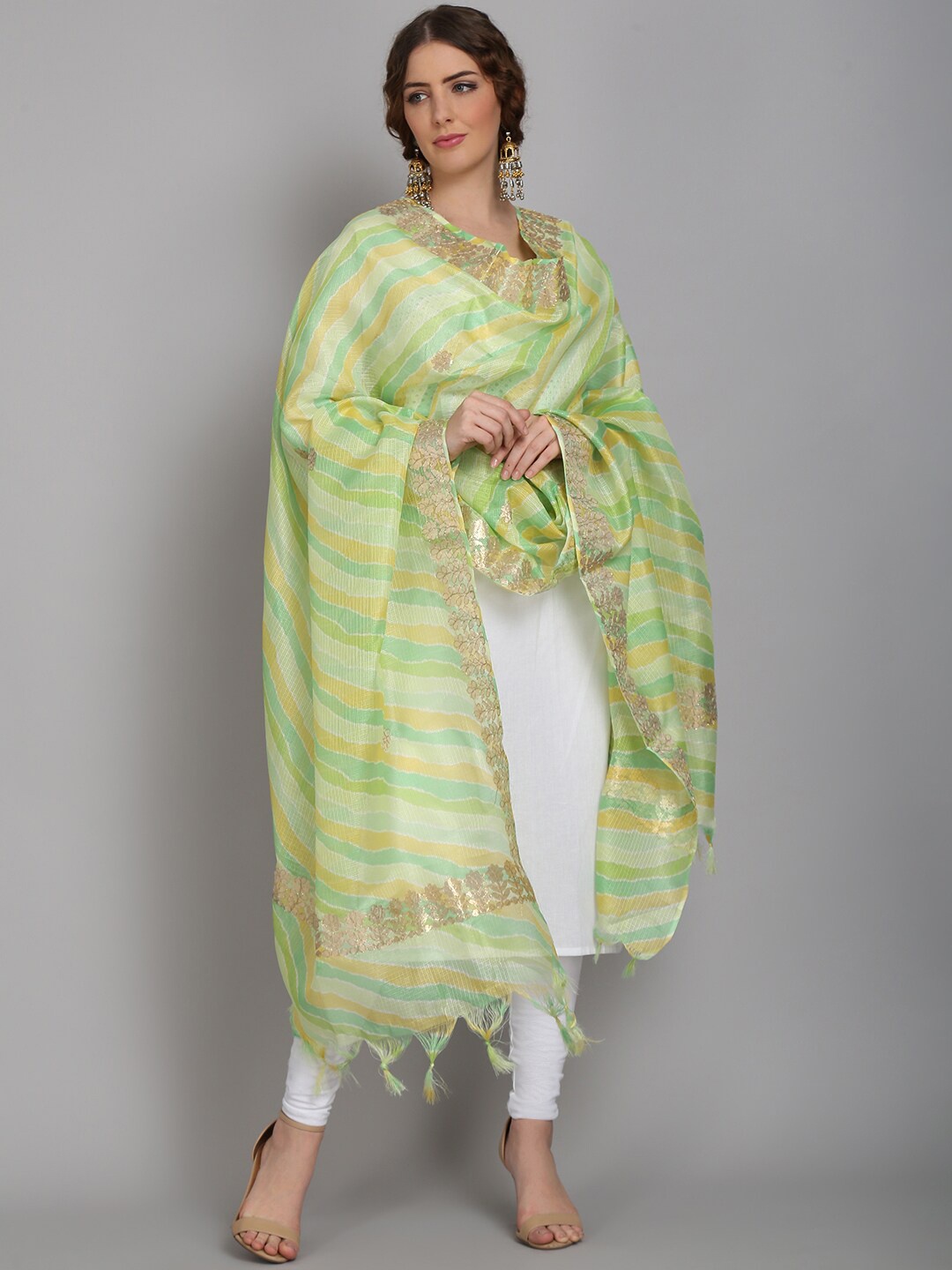 

SOUNDARYA Green & Yellow Leheriya Striped Pure Cotton Dupatta With Gotta Patti