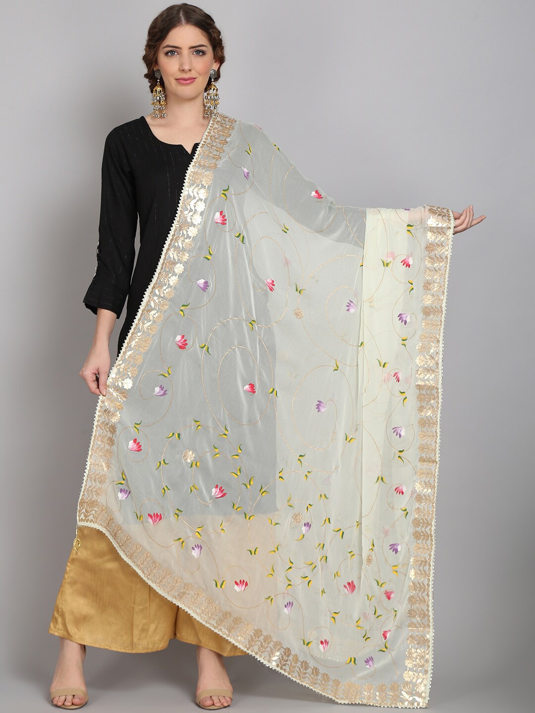 

SOUNDARYA Cream-Coloured & Green Block Printed Dupatta With Gotta Patti