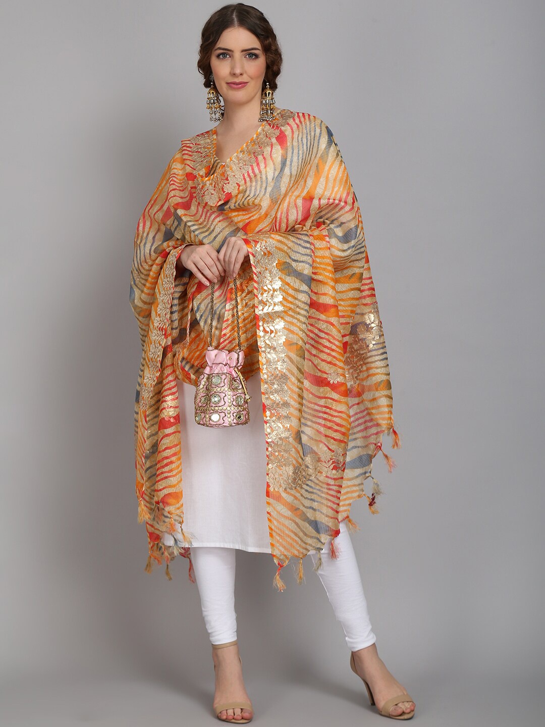 

SOUNDARYA Women Red & Blue Striped Pure Cotton Leheriya Dupatta
