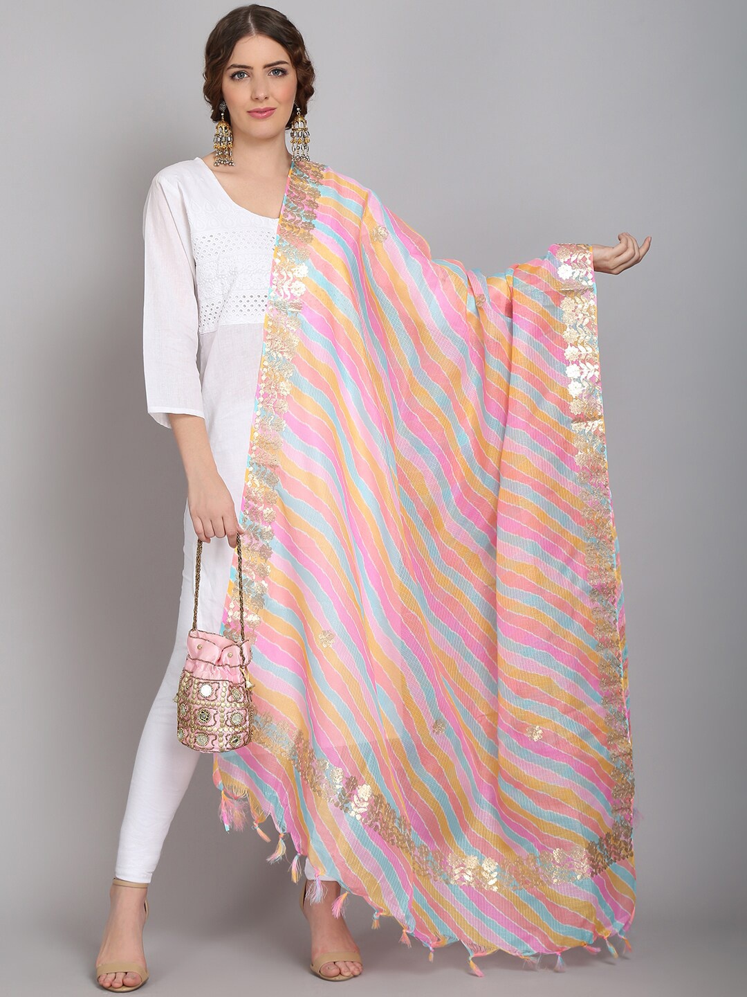 

SOUNDARYA Pink & Green Striped Pure Cotton Leheriya Dupatta With Gotta Patti