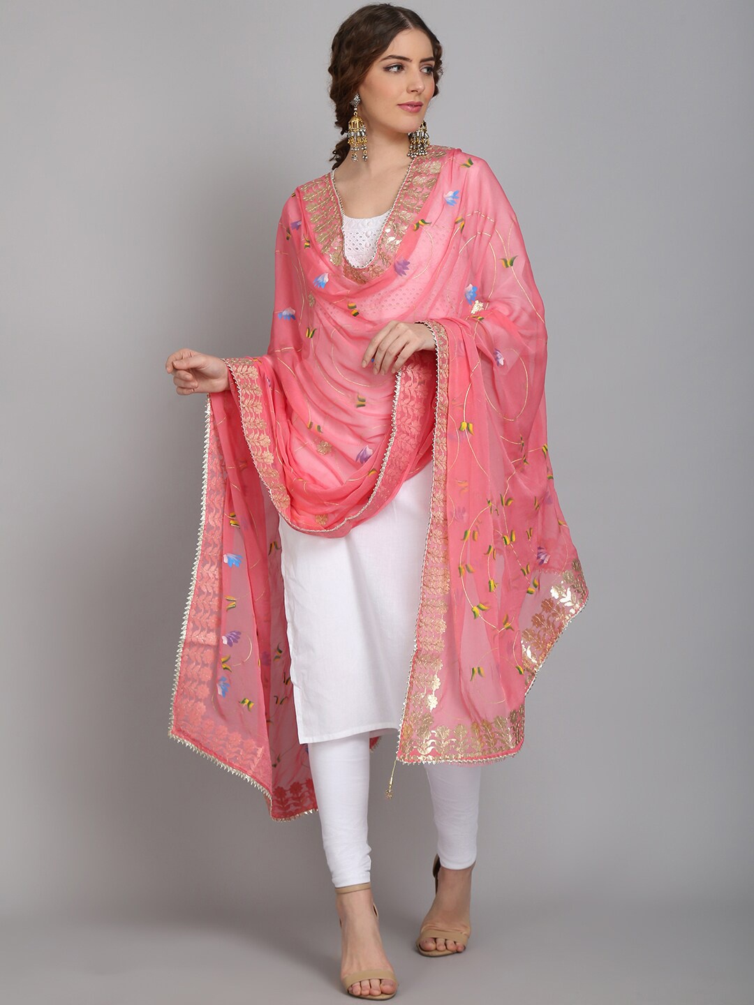 

SOUNDARYA Peach-Coloured & Gold-Toned Block Printed Dupatta With Gotta Patti