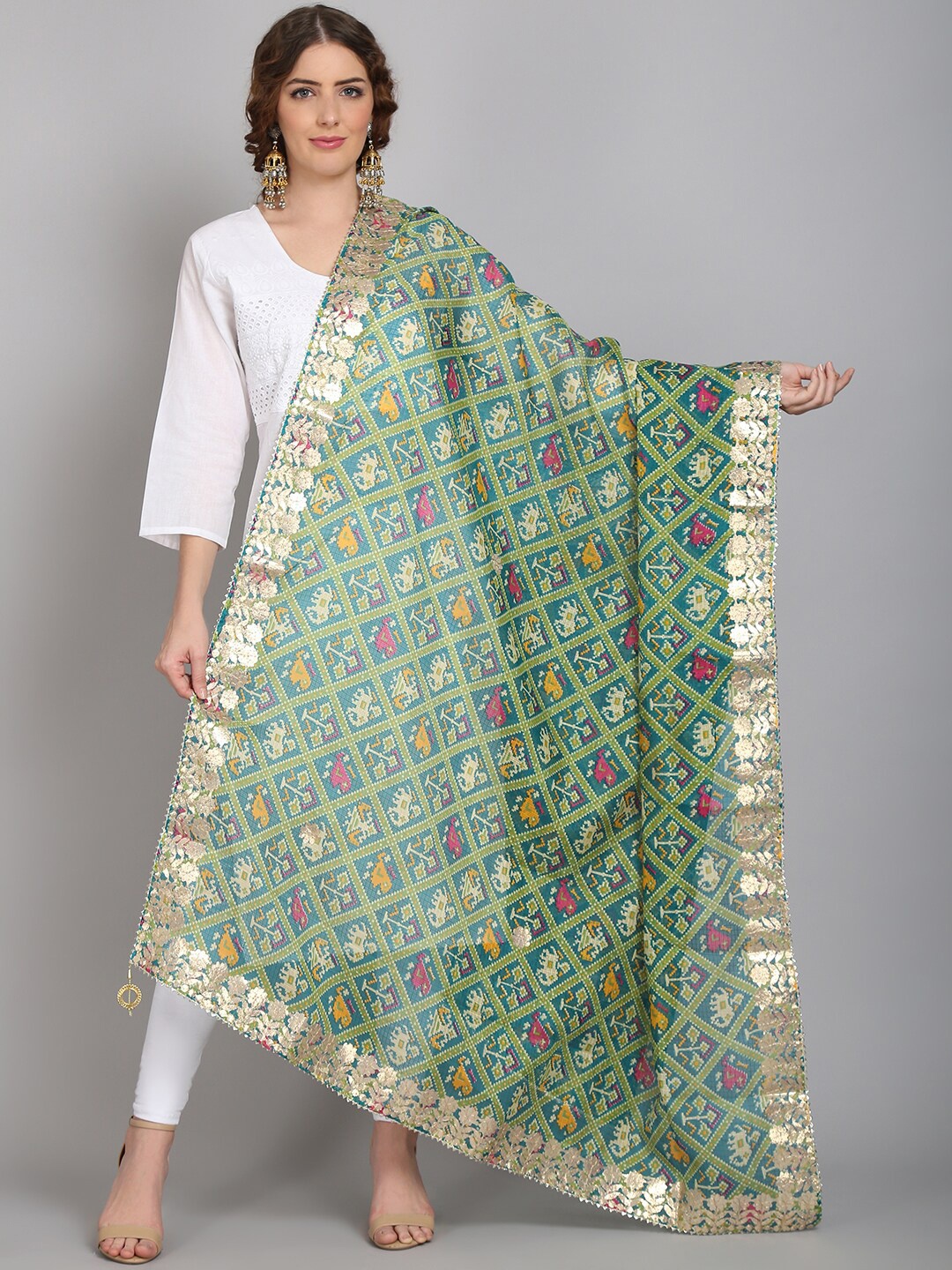 

SOUNDARYA Women Green & Gold-Toned Printed Pure Cotton Dupatta