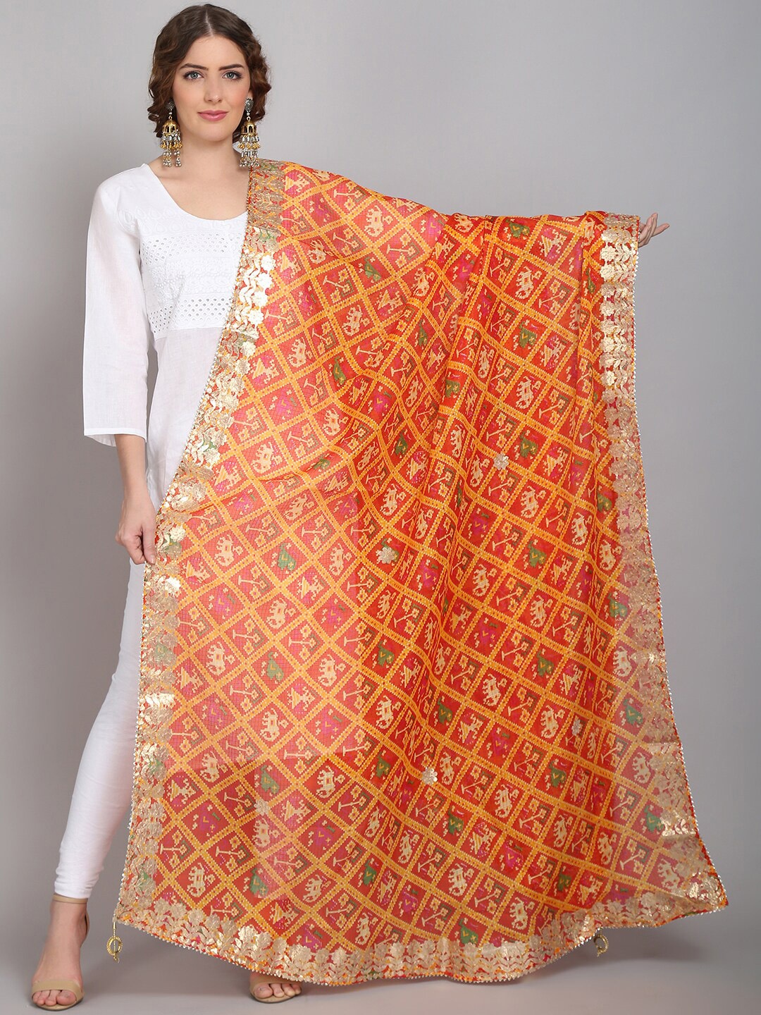 

SOUNDARYA Orange & Green Printed Pure Cotton Dupatta With Gotta Patti