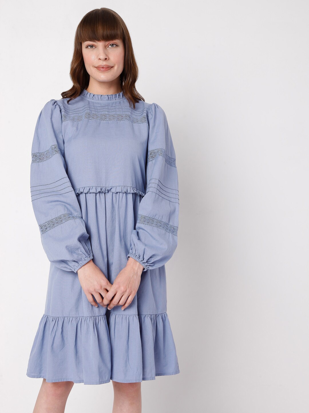

Vero Moda Blue Mock Neck Puff Sleeve Fit and Flare Dress