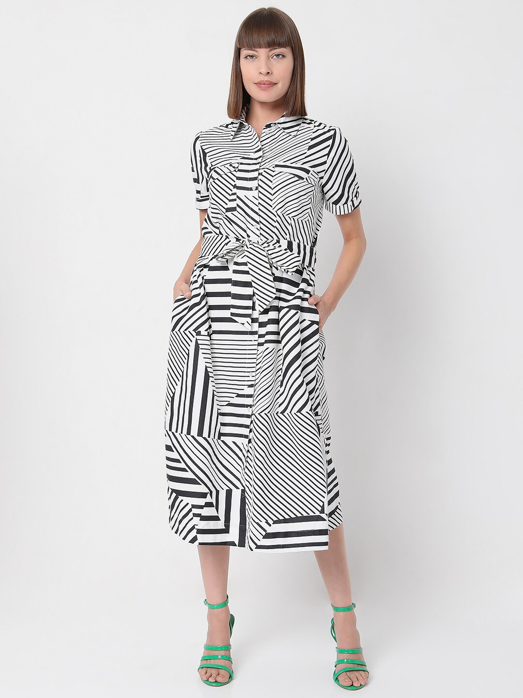 

Vero Moda White & Black Striped Shirt Midi Dress