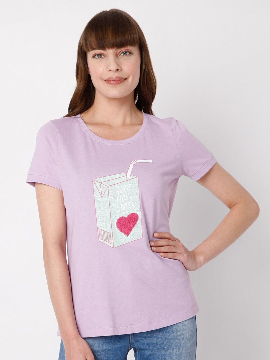 

Vero Moda Women Lavender Printed Cotton T-shirt