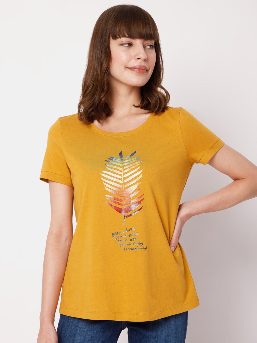 

Vero Moda Women Mustard Yellow Printed T-shirt