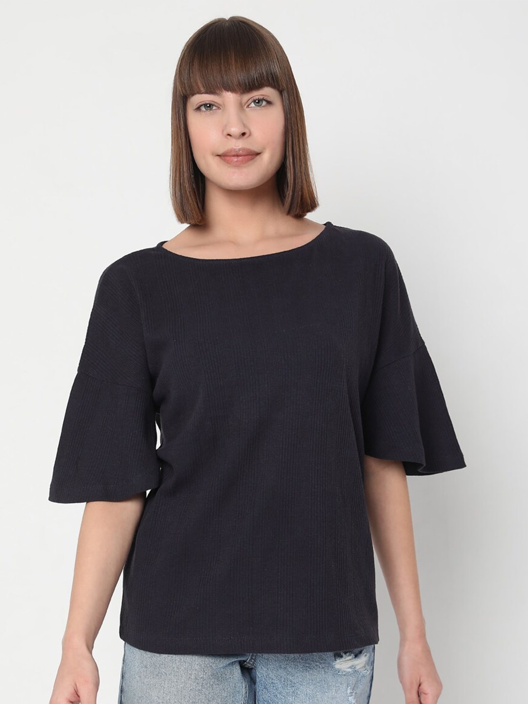 

Vero Moda Women Navy Blue Striped Drop-Shoulder Sleeves T-shirt