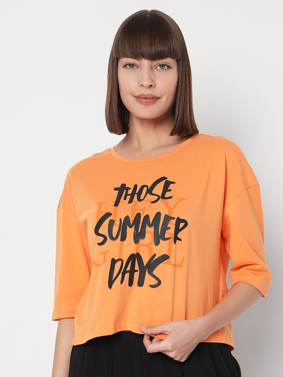 

Vero Moda Women Orange Typography Printed Cotton T-shirt